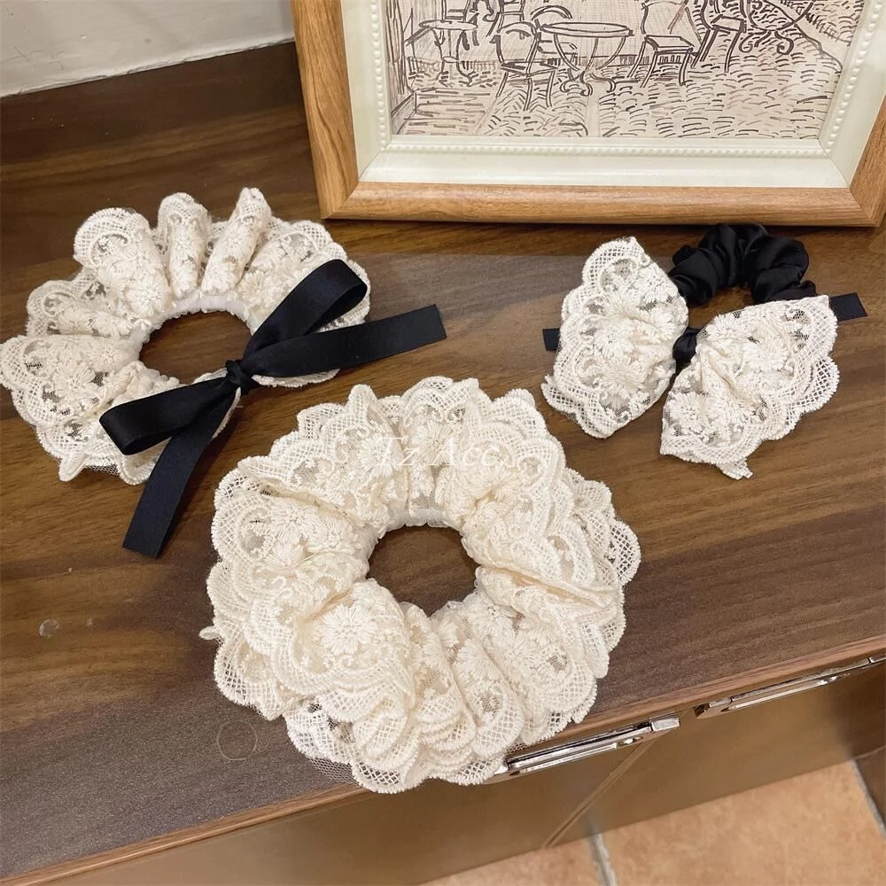 原创复古生成色双层精致刺绣蕾丝黑色发圈发绳温柔