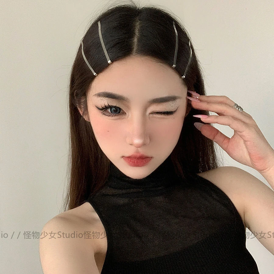 ins博主简约金属感一字发夹发卡甜酷少女复古额前气质