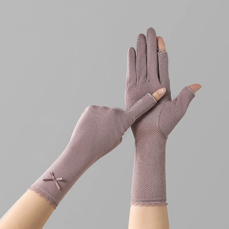 防晒手套女夏防紫外线薄款中长款开车露指头采茶专用露二指棉手套