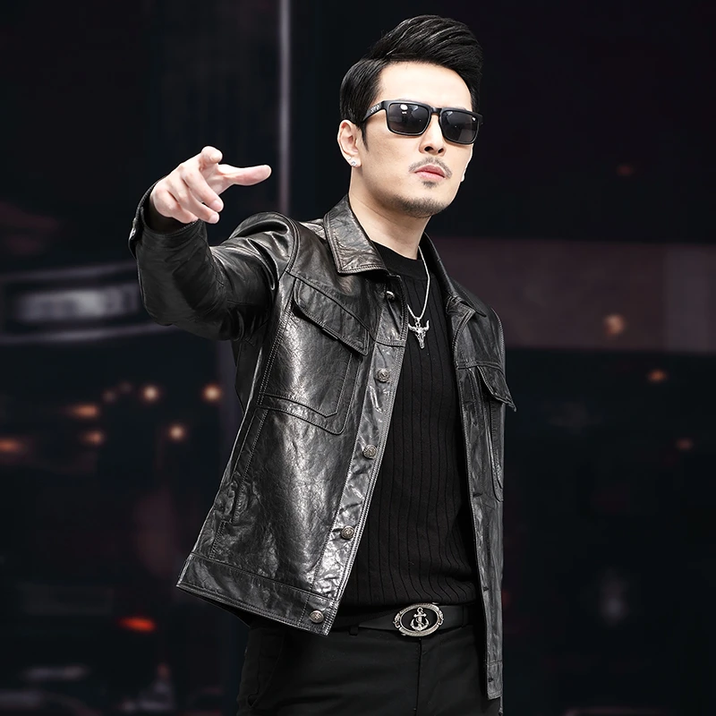 【考宾】秋季真皮皮衣男士男款头层牛皮翻领皮夹克外套LYF-2401