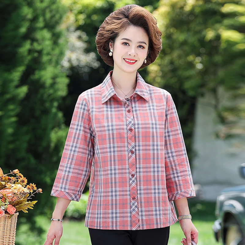 洋气妈妈夏季纯棉格子中袖衬衣中老年妈妈装全棉衬衫薄款开衫宽松