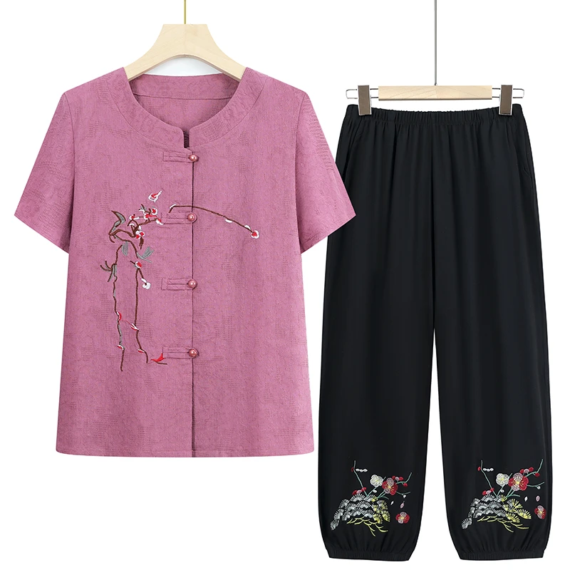 夏季妈妈装两件套中老年全棉绣花中式短袖开衫老人衣服60岁70奶奶