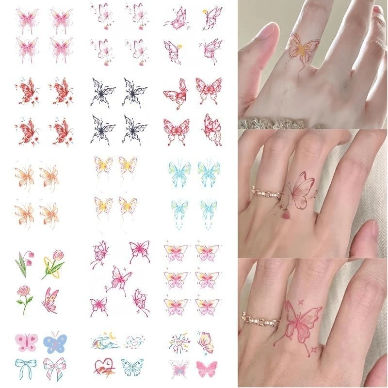 迷你mini手指蝴蝶纹身贴 可爱小清新粉色蝴蝶爱心防水高颜值甜酷