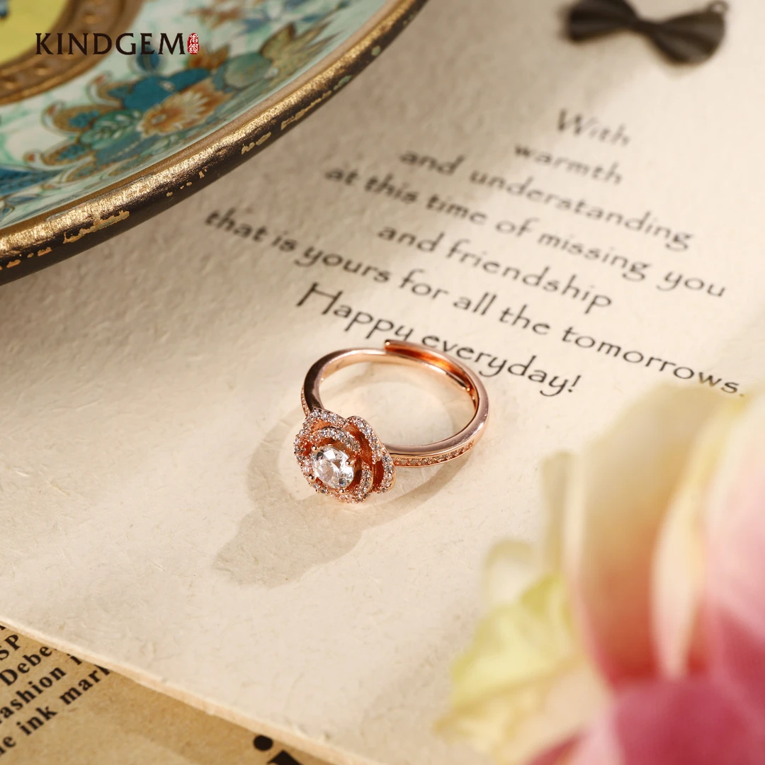 铜合金锆石戒指 时尚高级感金色玫瑰镶嵌开口戒指指环 C-29308