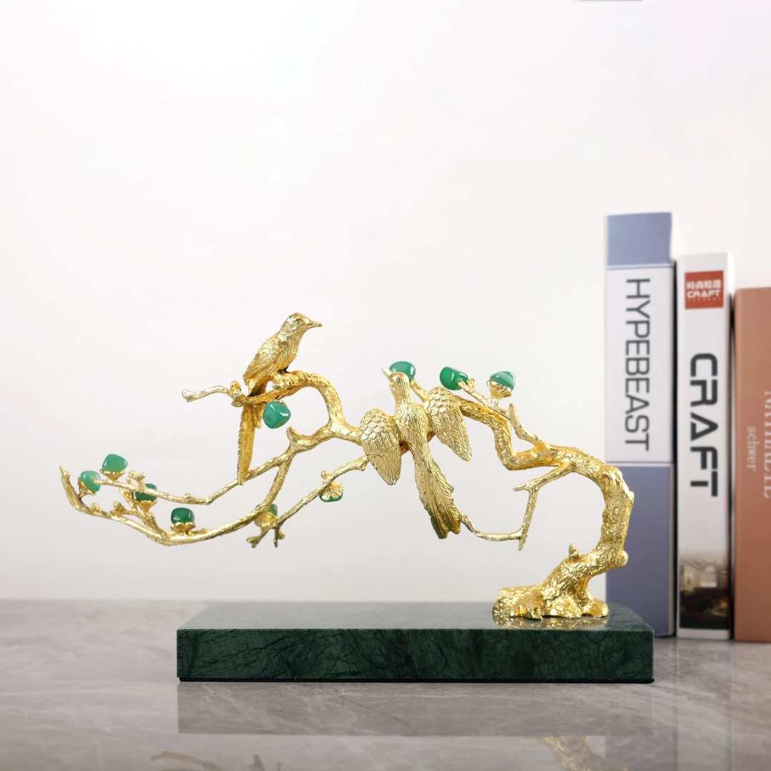 新中式天然绿玛瑙喜上枝头摆件轻奢高档客厅玄关电视柜家居装饰品