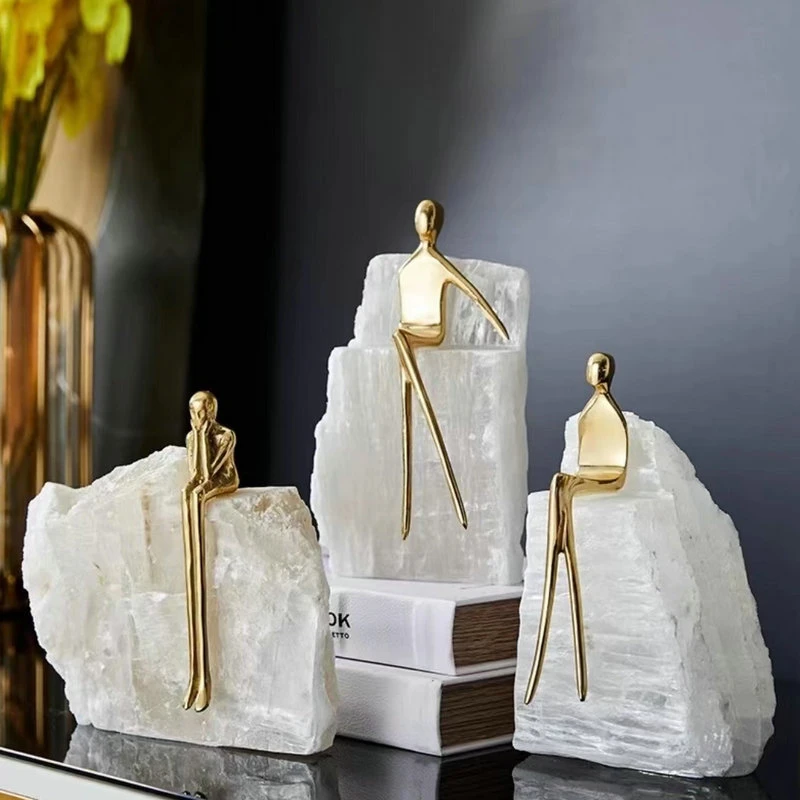 轻奢高档纯铜水晶石人物摆件样板间客厅酒柜展示柜书房装饰工艺品