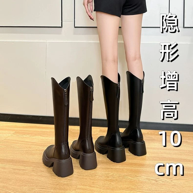 内增高10CM厚底长筒靴女2024秋冬新款小个子不过膝粗跟骑士靴真皮