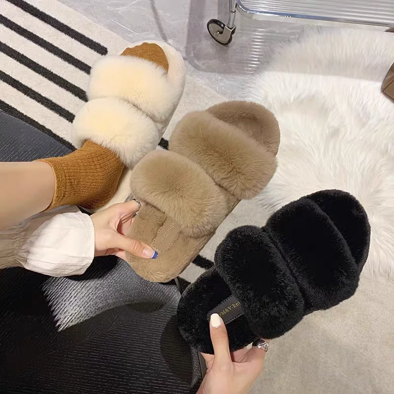 外穿秋冬仙女风超火网红一字毛毛拖鞋6051(毛拖鞋)