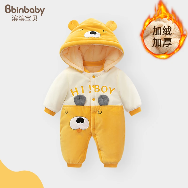 婴儿连体衣加绒加厚哈衣爬服宝宝外出服夹棉保暖秋冬装新生儿棉服