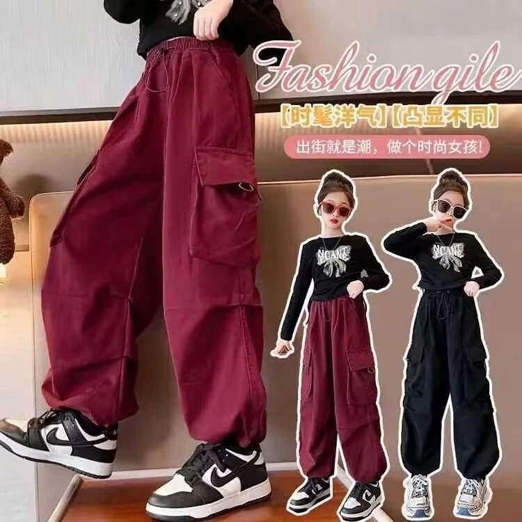女童春款潮流儿童2024款甜酷穿搭工装裤韩版休闲裤中洋气压褶潮款