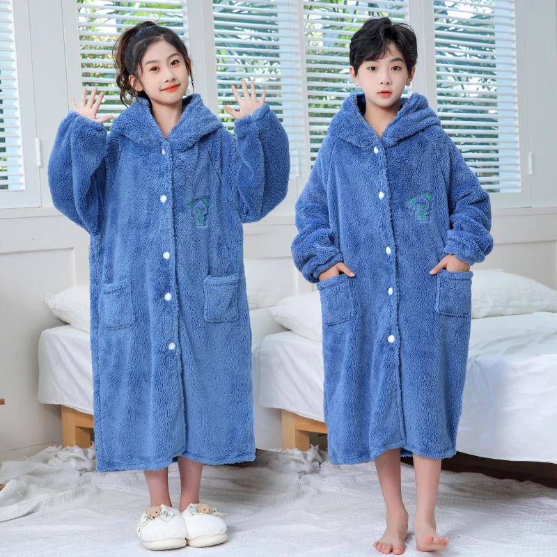 新款加长加绒儿童珊瑚绒睡袍法兰绒秋冬季女童加厚宝宝睡衣带帽