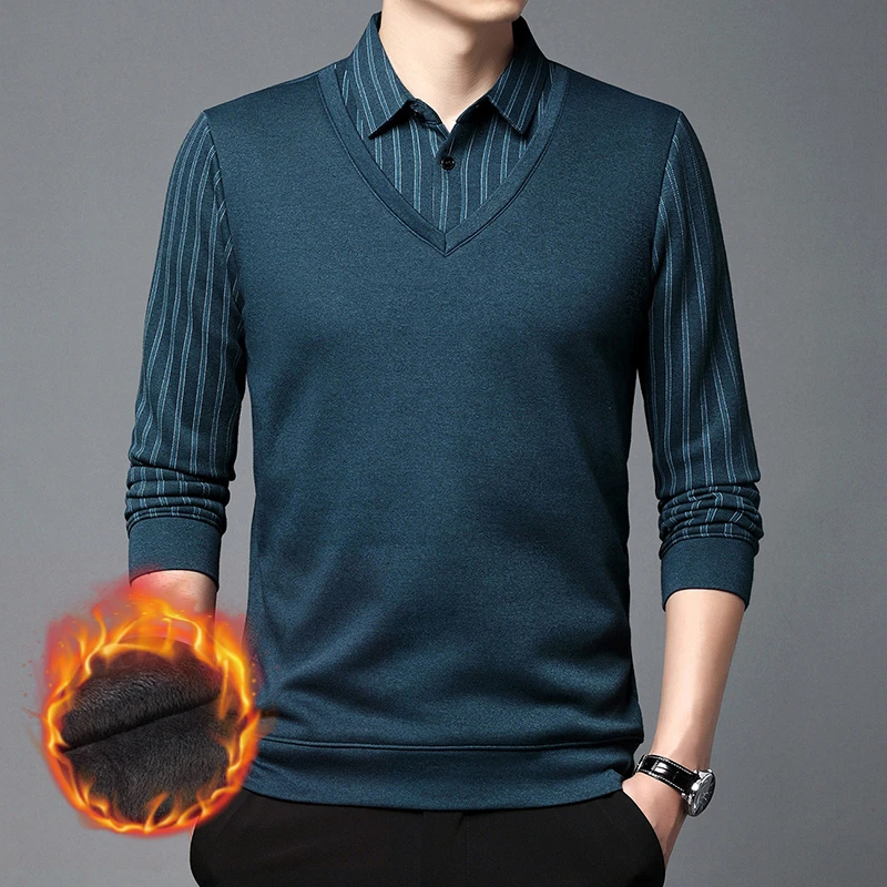 TUCANO/啄木鳥冬季加绒假两件长袖t恤潮男翻领POLO衫商务 ZJ8023#