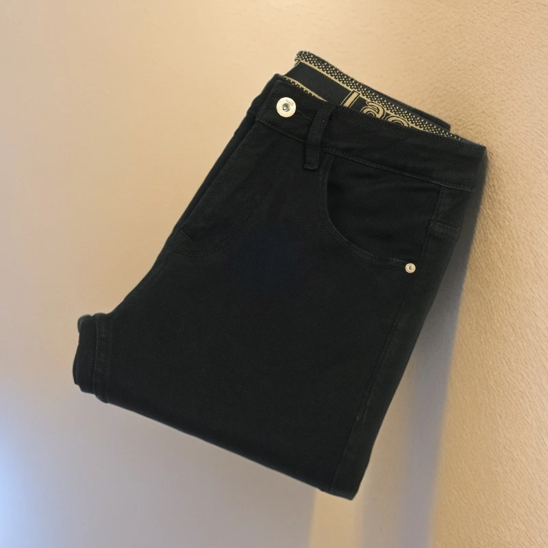 2024早秋新品修身纯黑牛小直筒男士黑色高端休闲百搭牛仔裤子男