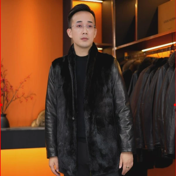 进口紫金短二水貂皮男装中长整貂海宁赫本小山羊皮冬季鹅绒服外套