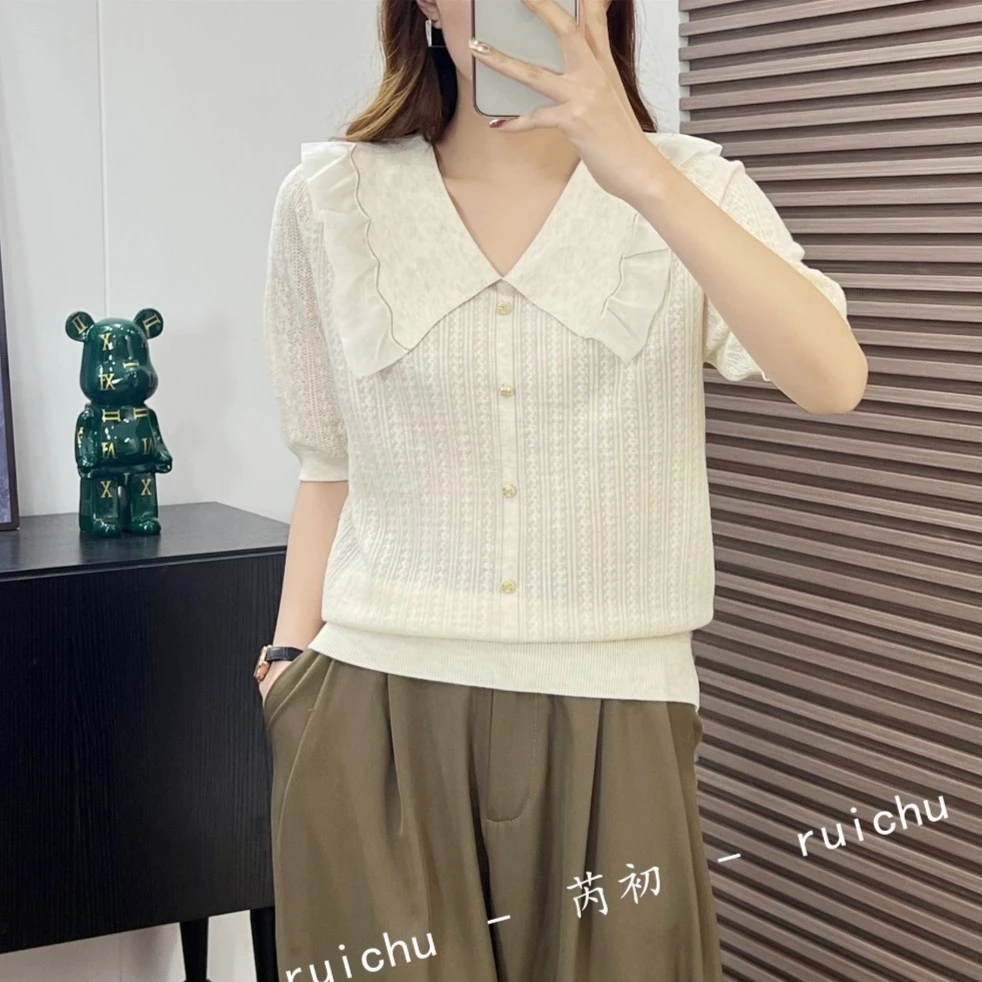 2118【中袖娃娃领浮雕】夏季新款学生针织衫薄款女士上衣