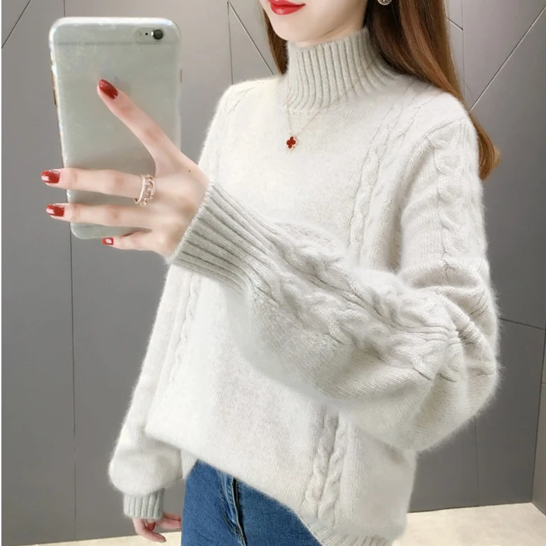 芮RC【两条麻花】秋冬新款半高领宽松毛衣女士打底衫加厚