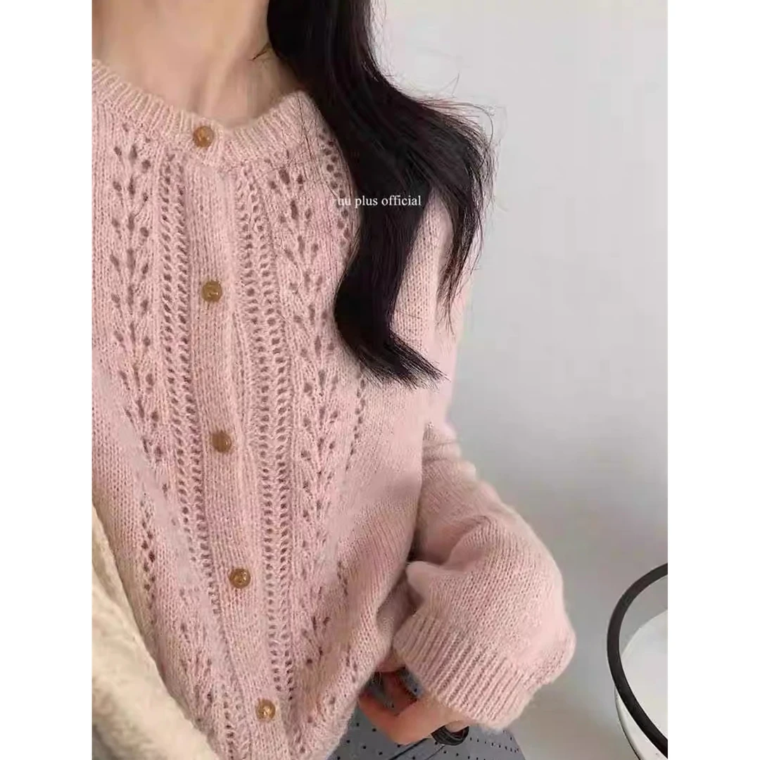 RC【琥珀扣镂空开衫】春季新款女士针织衫宽松外穿毛衣圆领