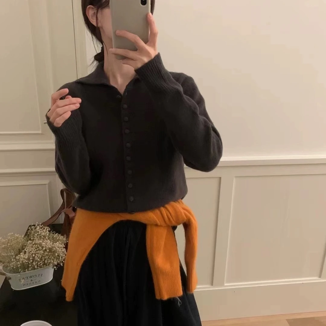 RC【复古翻领包扣开衫】秋冬法式加厚毛衣开衫百搭宽松外穿针织衫