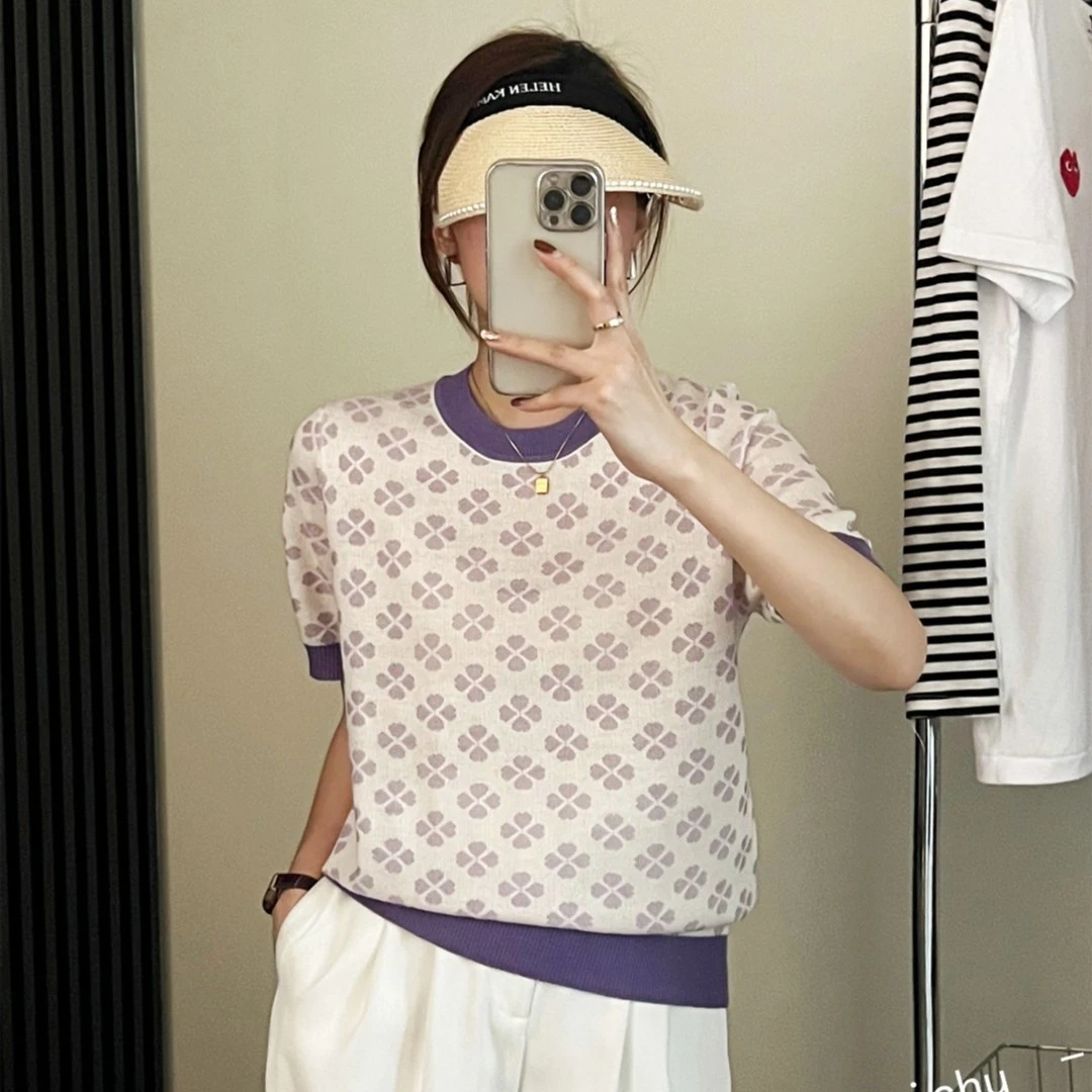 2110【撞色四叶草浮雕针织衫】春夏新品圆领短袖薄款女士上衣