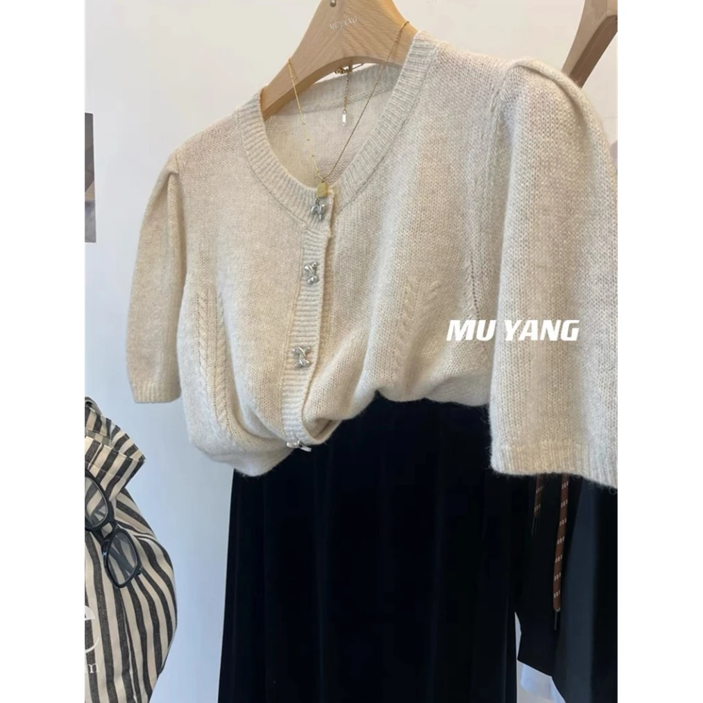 2071【设计感泡泡袖开衫】新款女士上衣韩版短袖薄款宽松毛衣外套