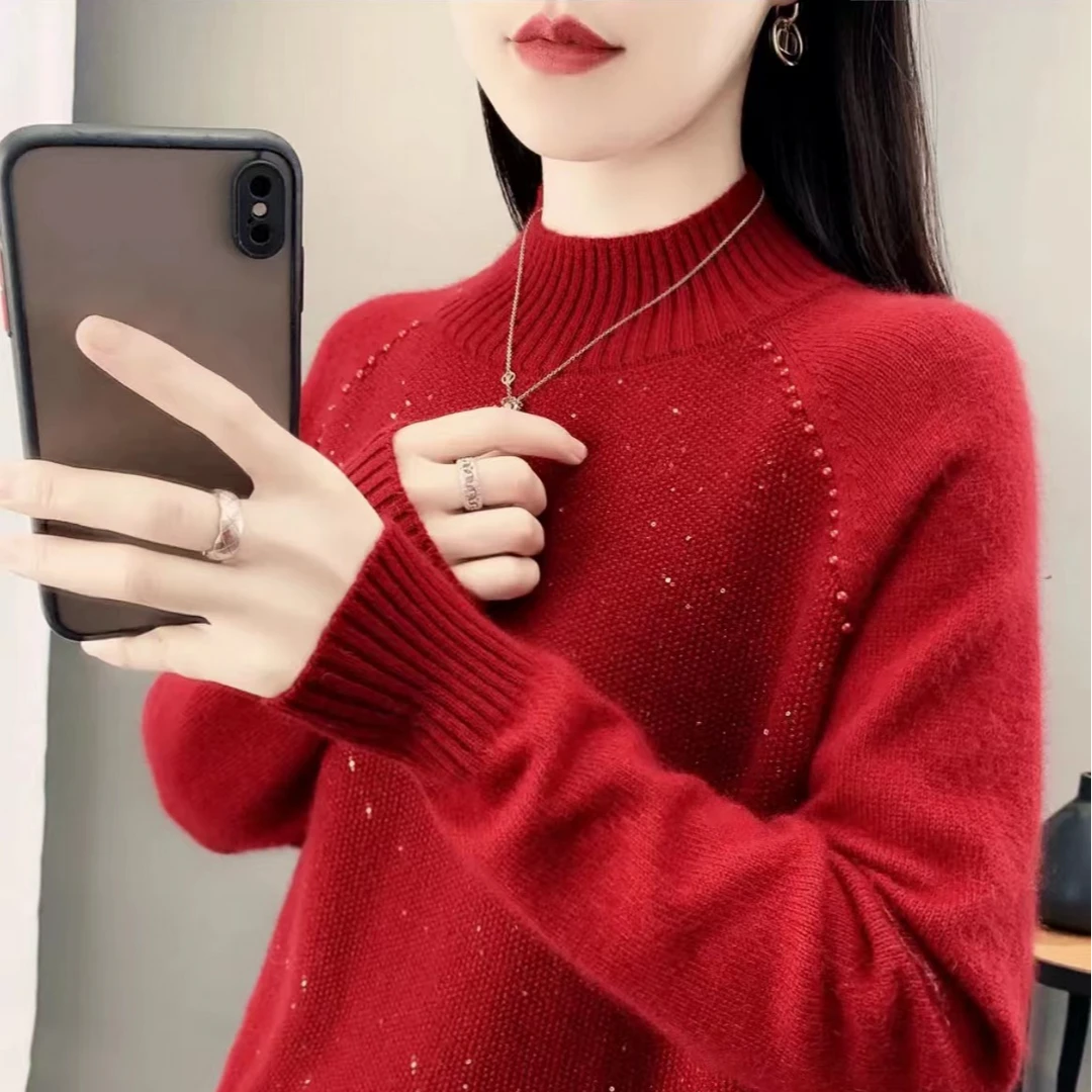 RC【肩部泡珠+桂花针亮片】秋冬新款中领针织衫宽松女士毛衣