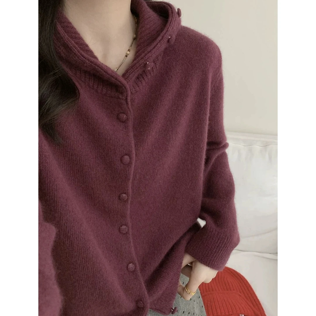 RC【一体连帽包扣外套】新款秋季针织气质毛衣开衫慵懒风女士上衣