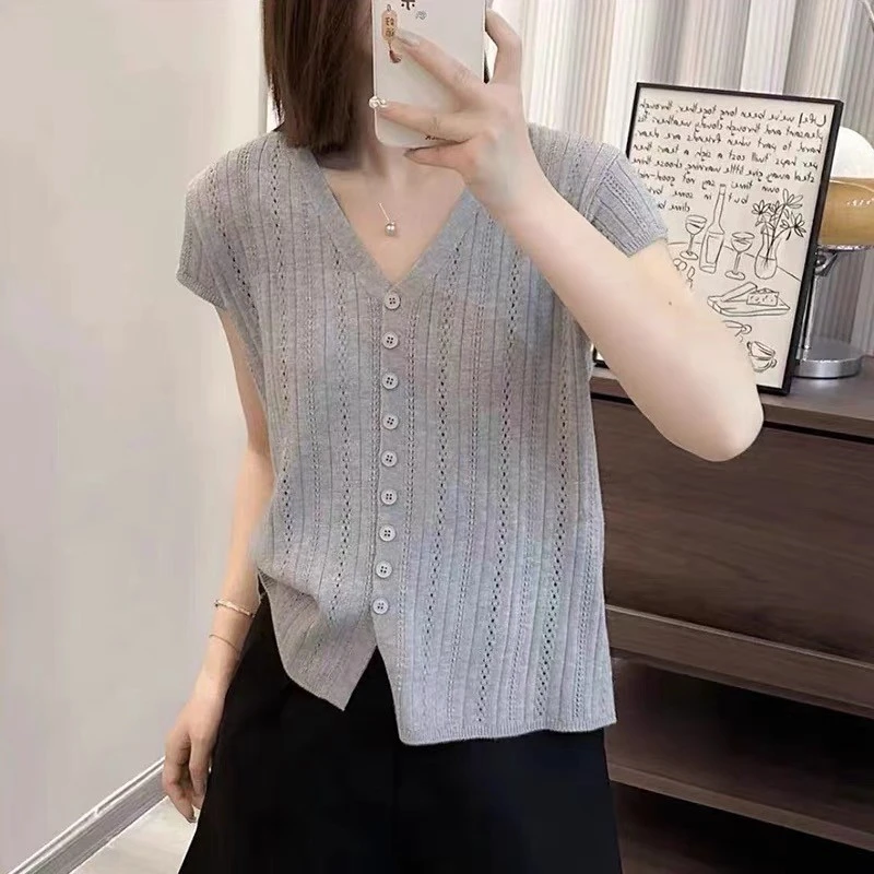 2085【钩花镂空开衫】夏日冰丝V领毛衣针织衫透气女士短袖上衣百搭