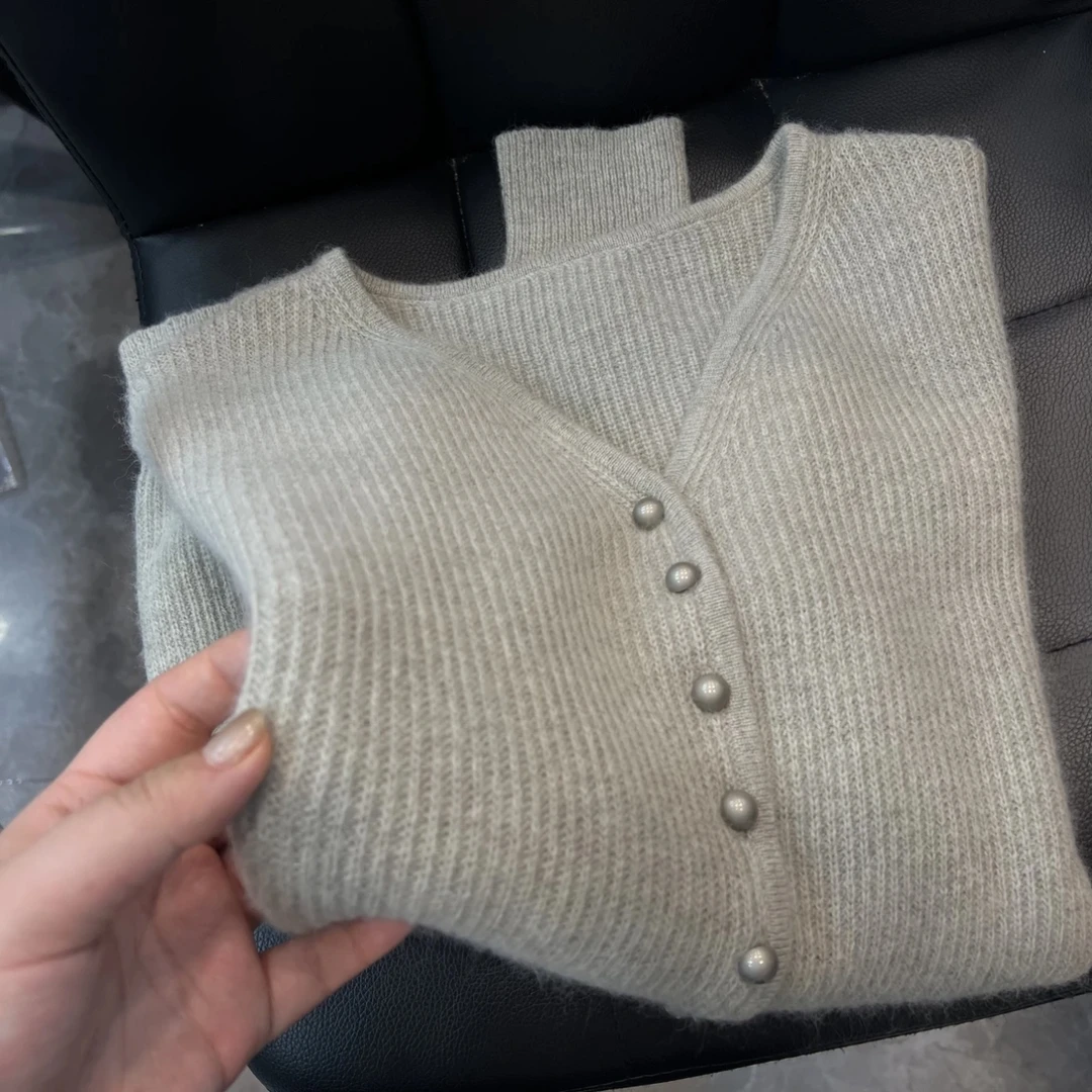 2012【美豆绿开衫】高级感显瘦V领针织衫女士美拉德穿搭毛衣外穿