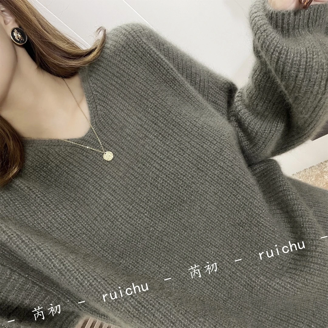 RC【云雾天青色】秋冬女士小V领灯笼袖毛衣宽松落肩款亮丝外穿毛衫