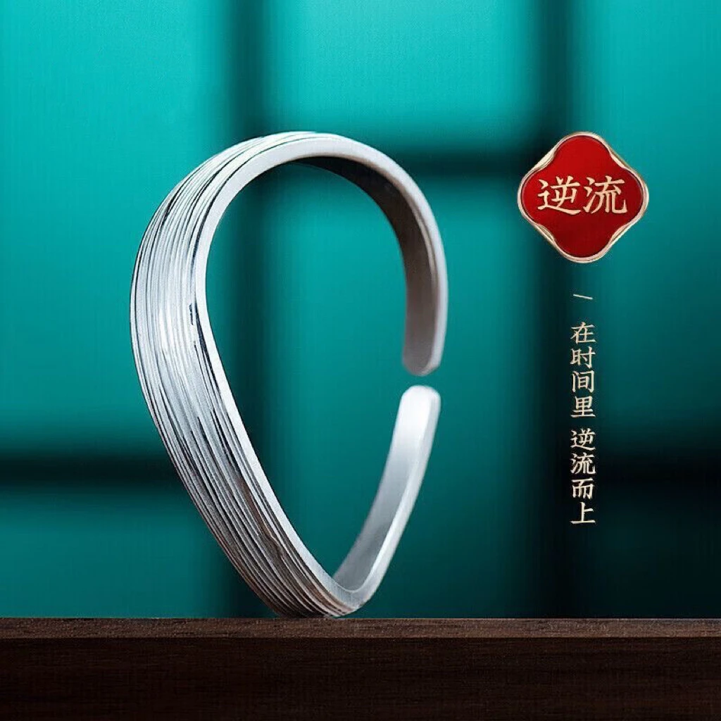 足银手镯 纯银复古风水波设计开口999镯子时尚百搭送女友生日礼物