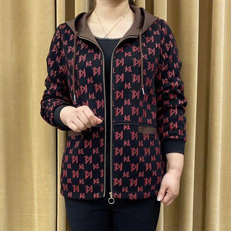 秋冬新款时尚大码夹克休闲连帽外套百搭洋气通勤女士上衣减龄妈妈