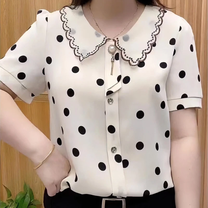夏季短袖花色时尚打底衫妈妈装宽松洋气小衫圆点百搭遮肉显瘦上衣