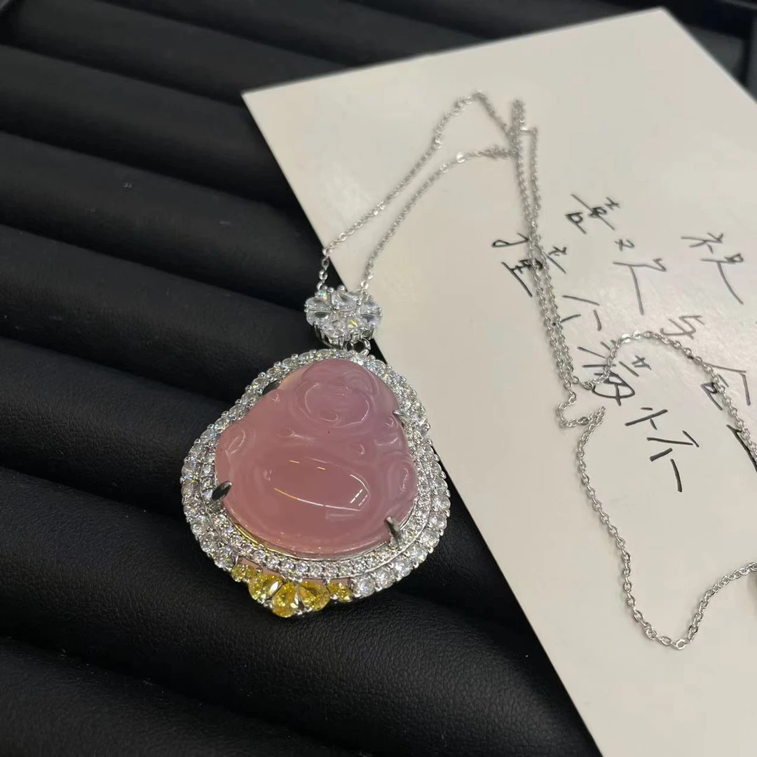 链子925银 粉色弥勒佛项链-6346