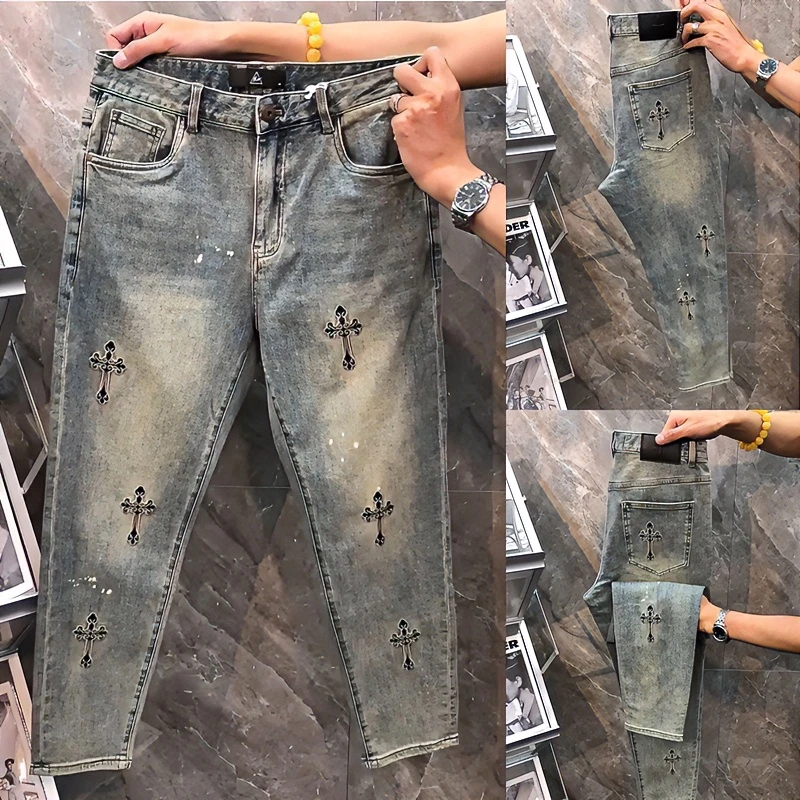 春夏新款宽松直筒牛仔裤时尚痞帅百搭休闲裤男士潮牌十字刺绣长裤