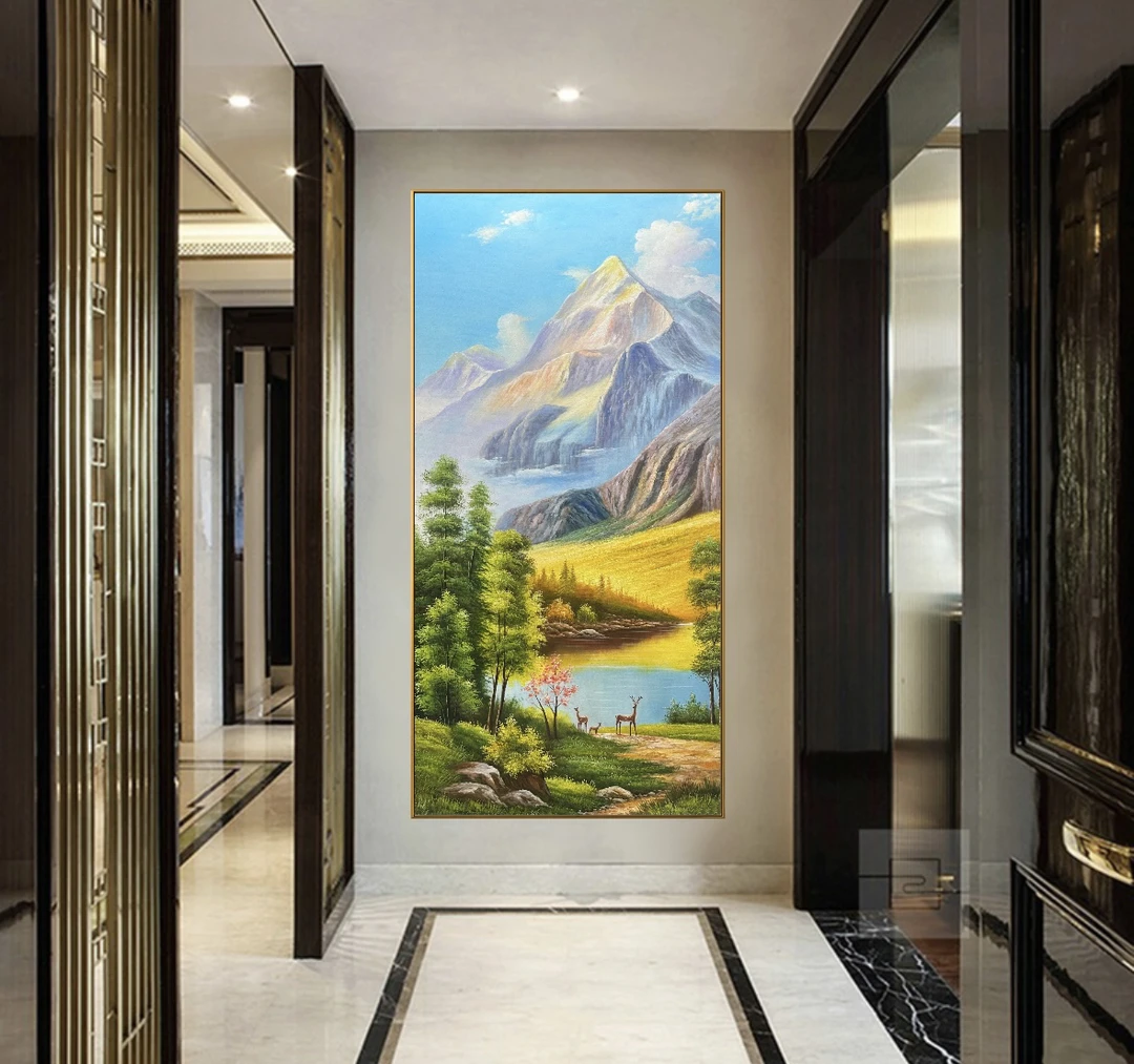日照金山手绘油画入户玄关装饰画客厅山水风景聚宝盆挂画