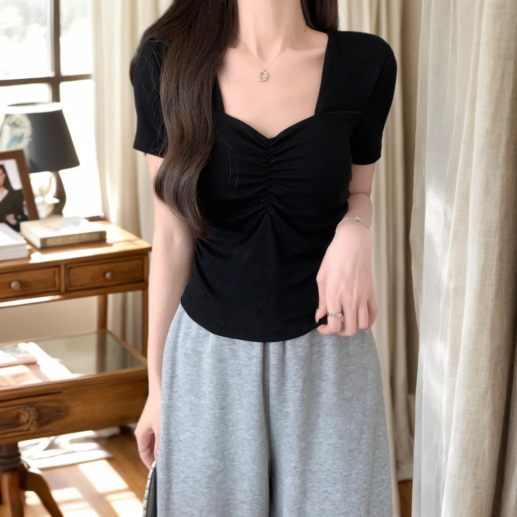 大码韩版设计感修身显瘦褶皱小衫女夏季胖妹妹遮肚子别致气质上衣