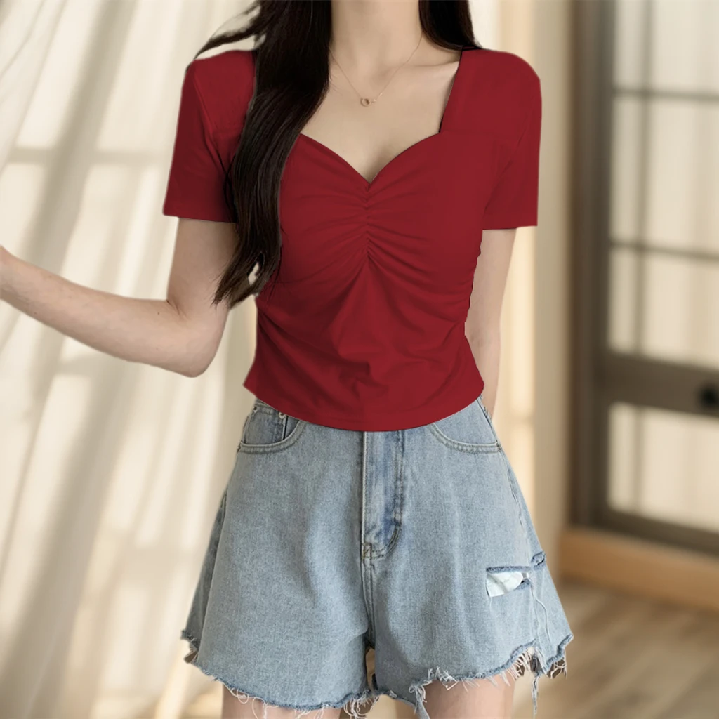 【95棉】胖mm大码设计感方领褶皱短袖T恤女2024夏洋气显瘦打底上衣