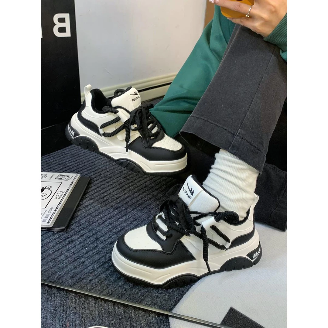 回力黑白熊猫厚底板鞋女2024秋季新款加绒加厚小白鞋厚底二棉板鞋