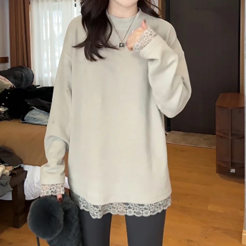 【Jason colors】冬季新款宽松慵懒蕾丝边长袖T恤百搭内搭上衣打底