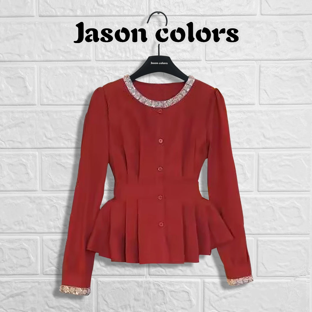 【Jason colors】亮钻拼接红色收腰衬衫女秋季新款设计轻奢长袖上衣