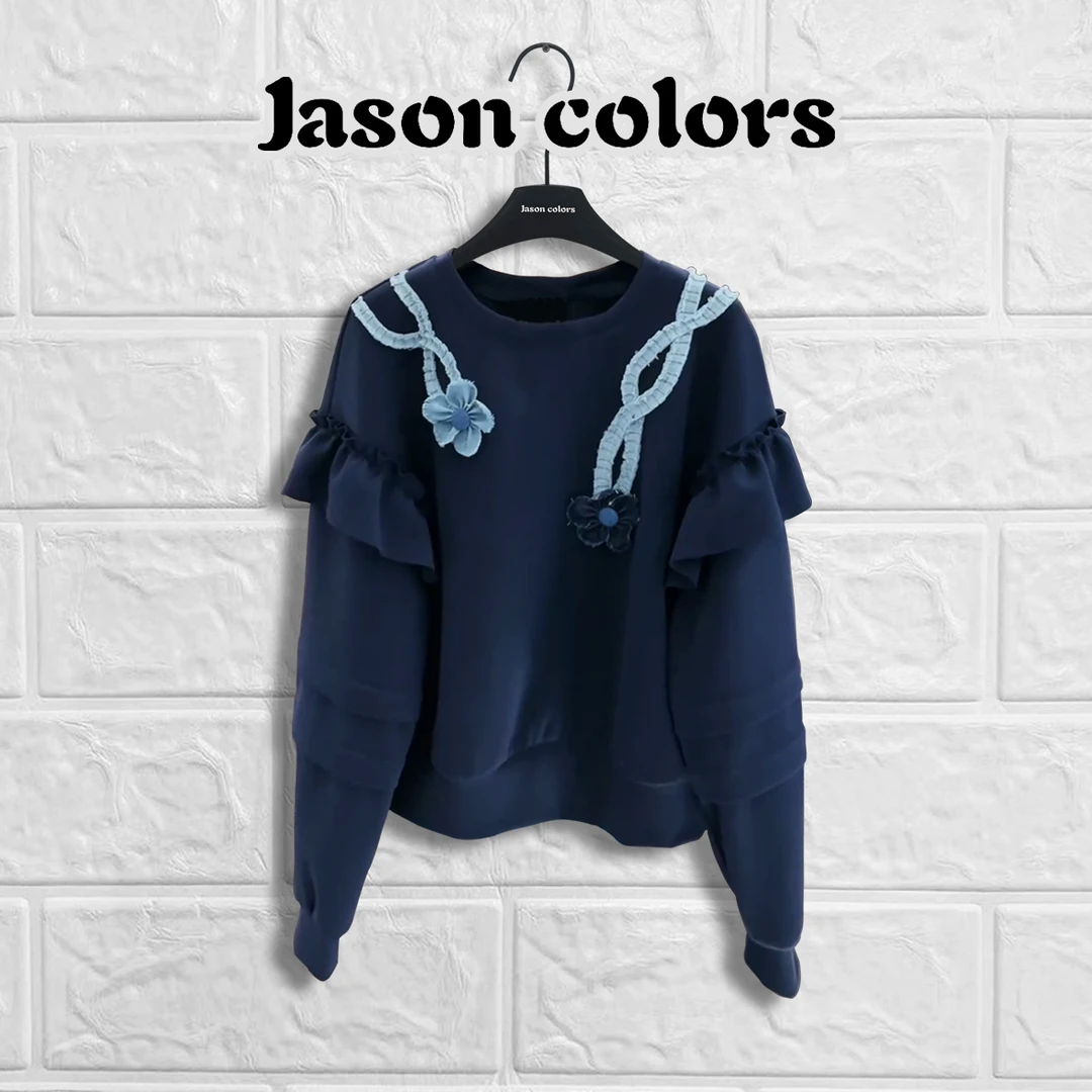 【Jason colors】秋冬新款高级感圆领拼接刺绣立体花朵显瘦长袖卫衣