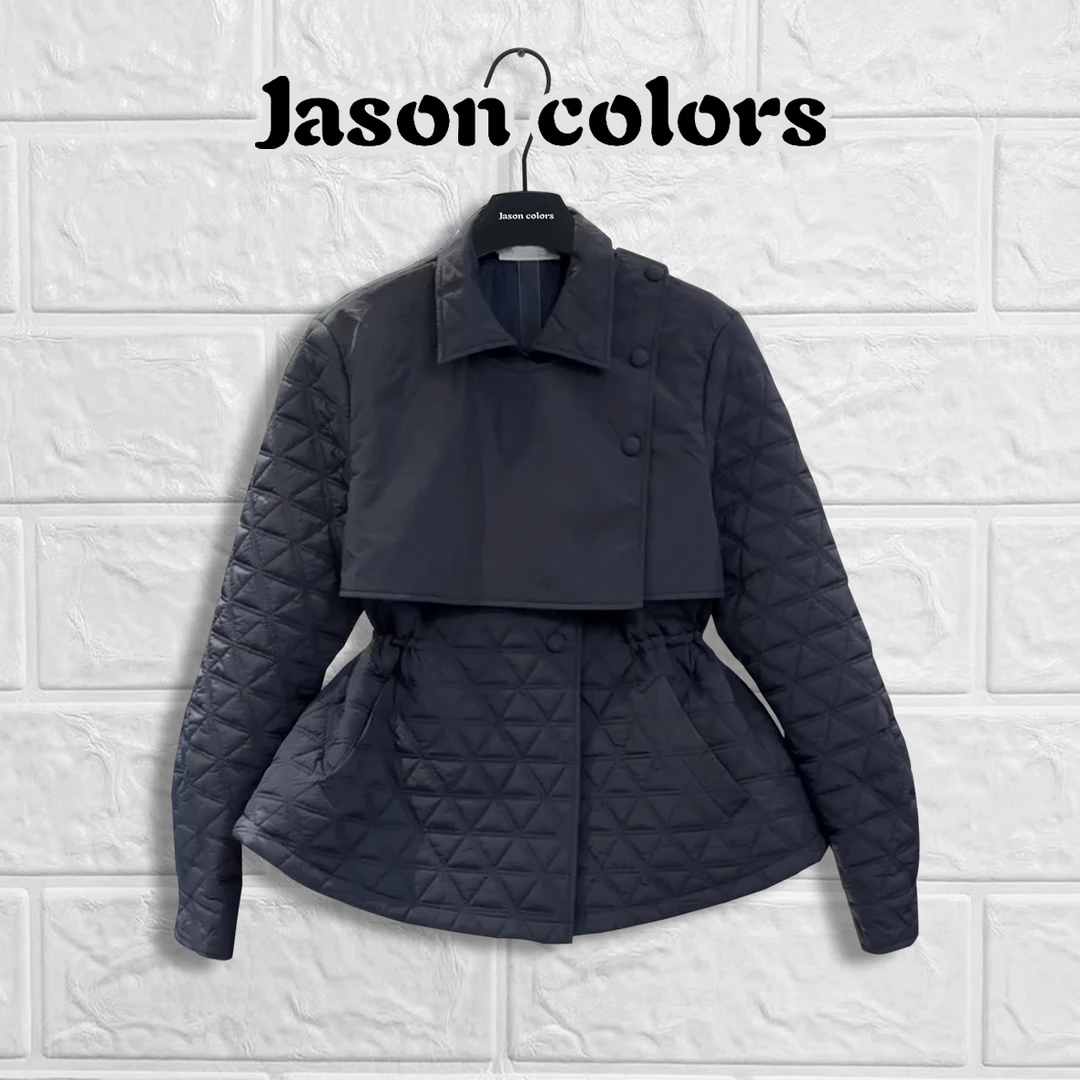 【Jason colors】2024秋冬韩式复古菱格抽绳收腰百搭长袖棉服外套女
