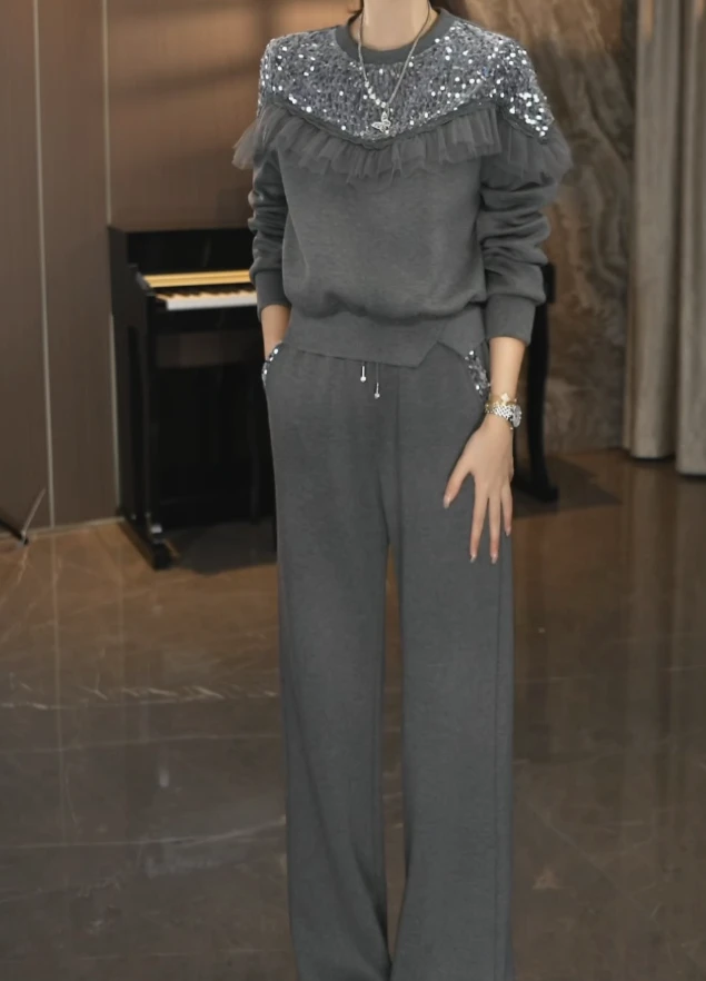 【Jasoncolors】秋冬季显瘦洋气加绒女套装灰色气质卫衣裤子两件套