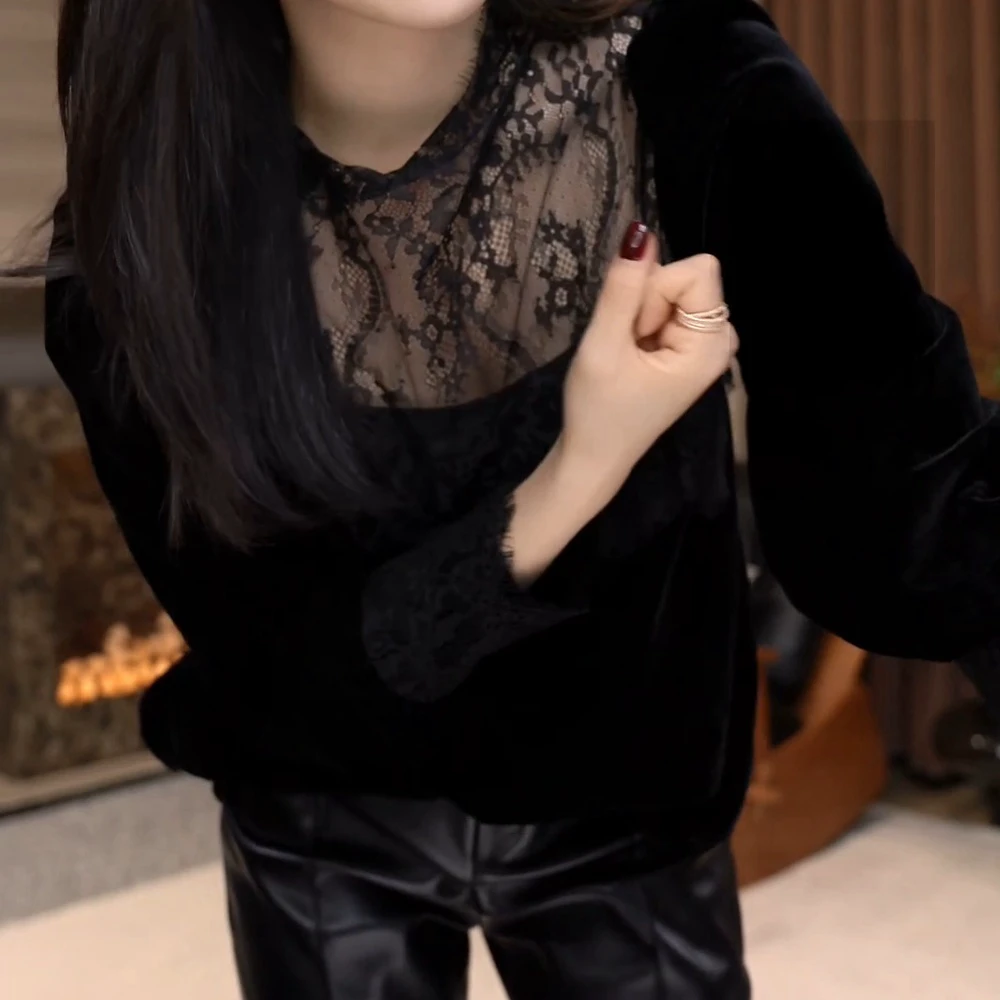 【Jasoncolors】气质镂空高定内搭丝绒蕾丝衬衣黑色长袖秋冬上衣