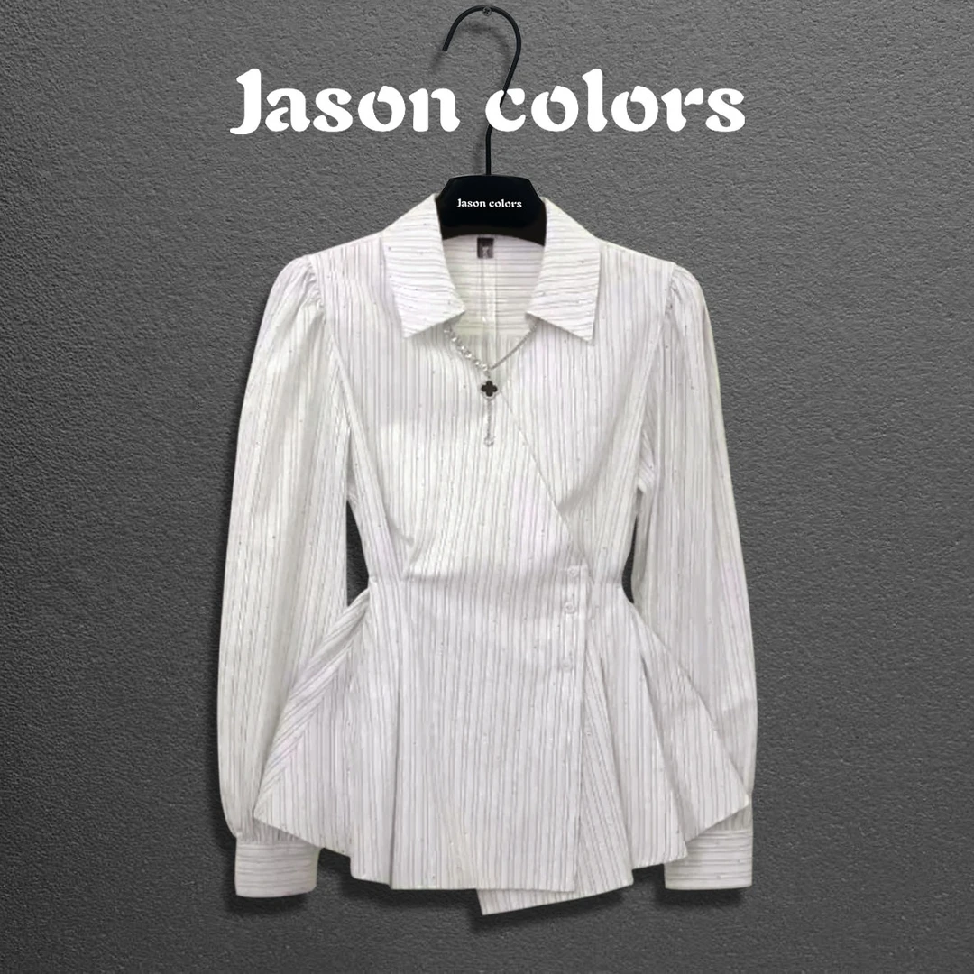 【Jason colors】2024新款重工显瘦小众气质轻奢条纹长袖V领衬衫