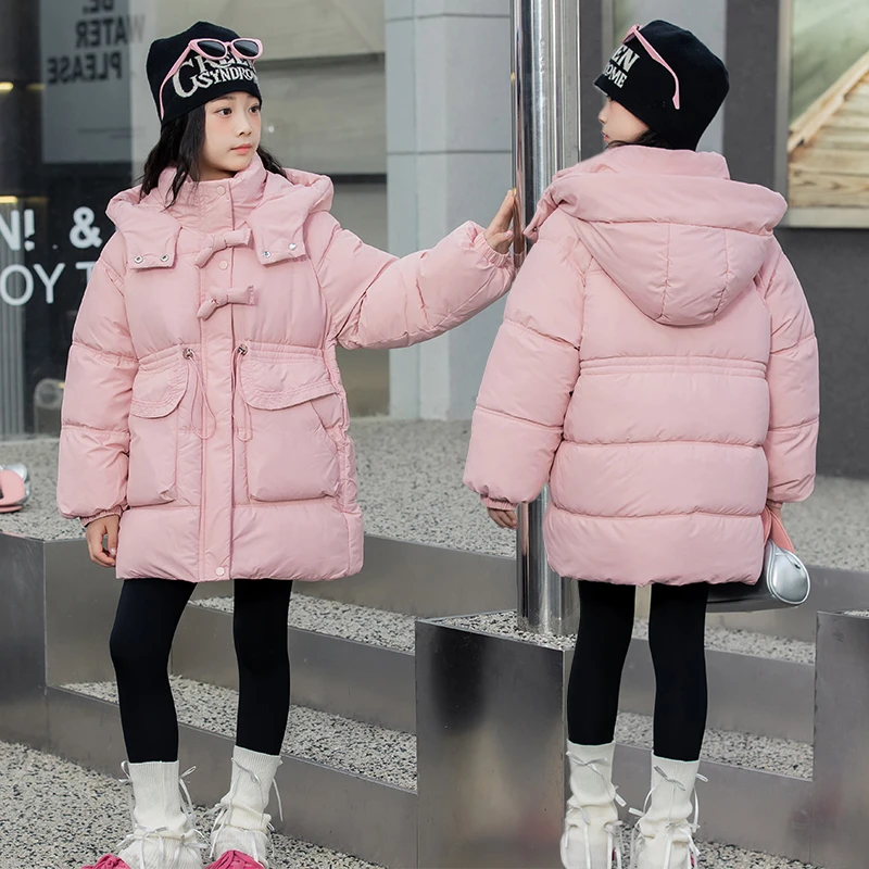 女童洋气保暖棉服加长款加厚棉衣仿兔毛里中大童冬季宽松女童棉服