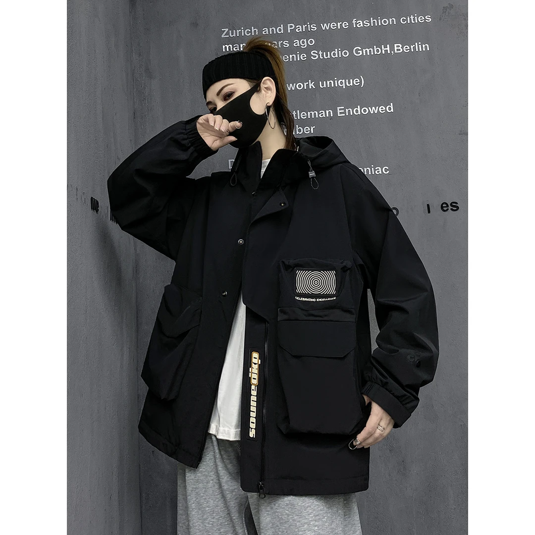 M家潮牌黑色炸街机能风工装外套女装春秋新款冲锋衣宽松连帽夹克