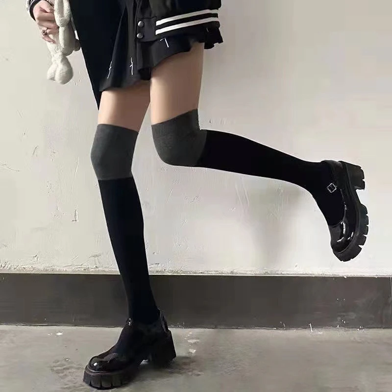 黑灰拼接过膝袜显瘦长筒袜jk高筒黑色学生大腿袜百搭简约风ins