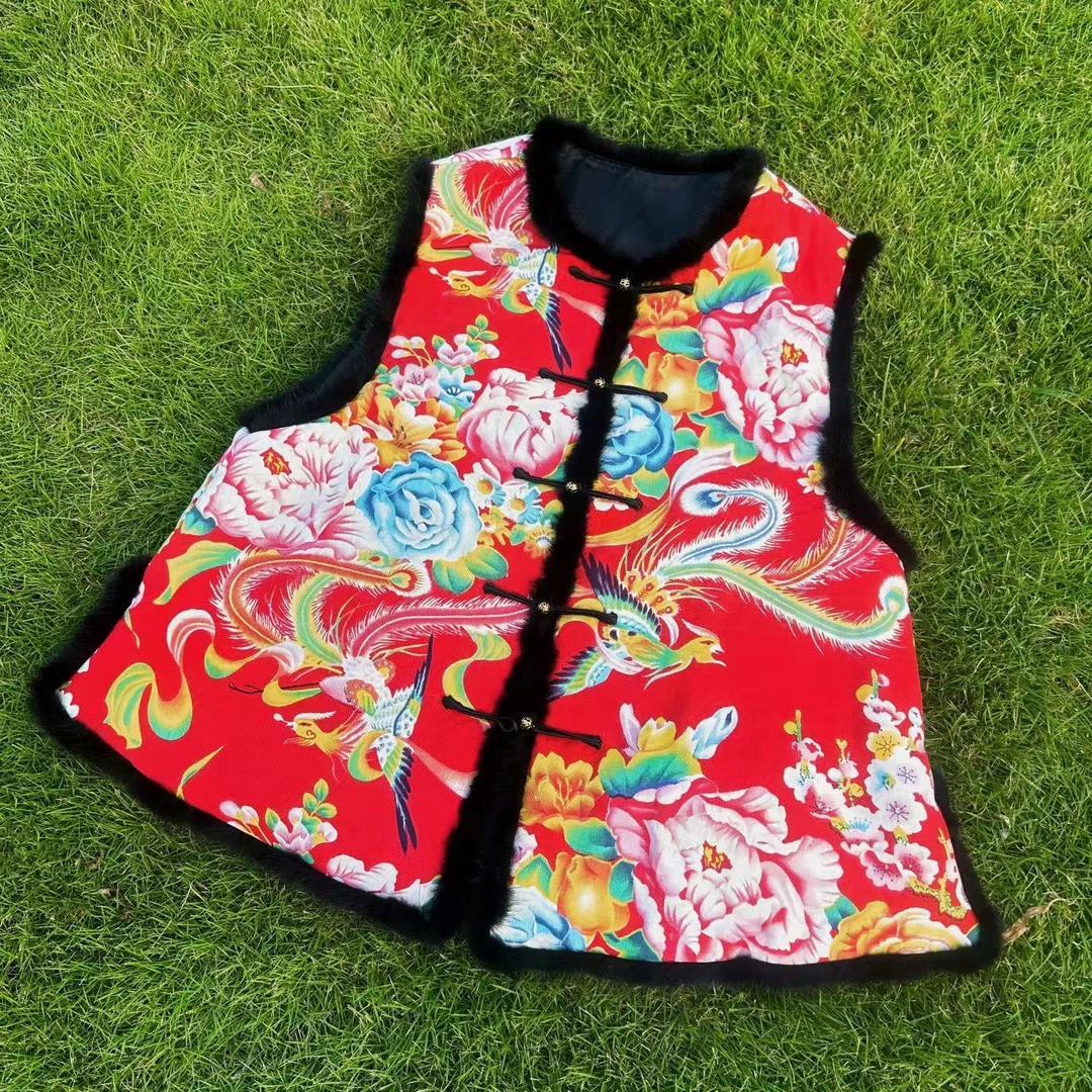 【土花花】老料花布夹棉拼接水貂毛对襟马甲（孤品单件）