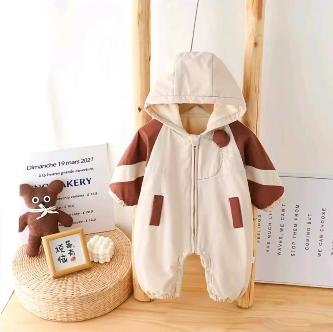 （连帽加绒）冲锋衣韩系宝宝秋冬款工装连体衣防风外套新生儿衣服